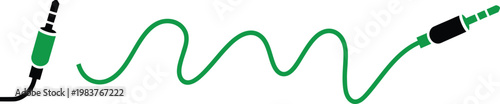 Two black and green audio jack connectors linked by a long wavy green cable on a white background representing sound connectivity and electronic signal transmission for music and media devices