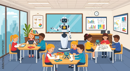 Children Learning with Robot Teacher in Modern Classroom