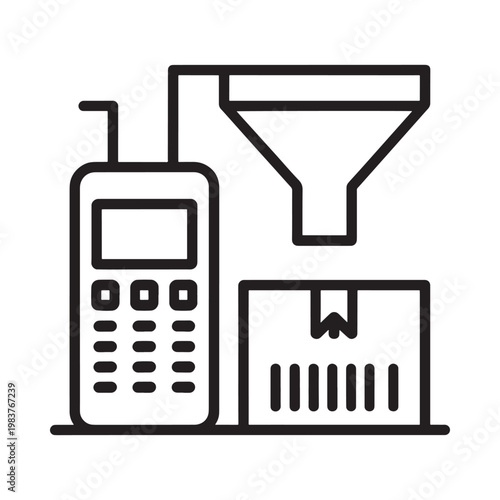 Simple black and white line drawing of a vintage coffee maker