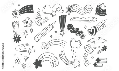 Whimsical doodle collection a black and white pattern of celestial bodies stars and abstract shapes