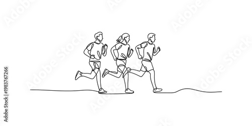 A continuous single line drawing of a group of three people jogging together for fitness goals Vector, illustration