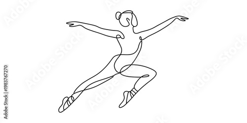 A continuous line drawing of a graceful ballerina performing a dynamic leap in a studio setting Vector, illustration