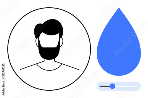 User profile settings, hydration tracker, water consumption, health management, customization interface, digital app design. Minimalistic profile outline and blue water drop with slider. User
