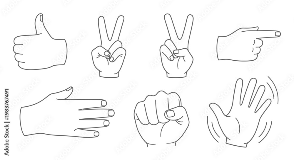 Fototapeta premium Hand Gestures Collection: Thumbs Up, Peace, Pointing, Fist, Open Palm