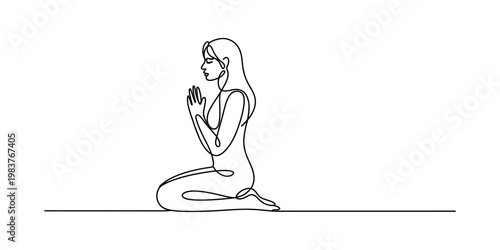 Minimalist continuous single line drawing of a peaceful woman sitting in a meditative posture Vector, illustration