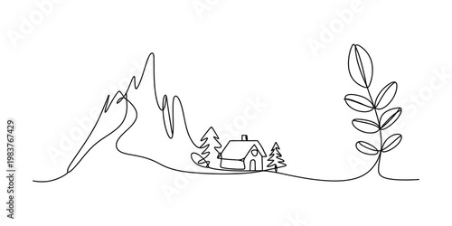 Minimalist continuous line drawing of a peaceful mountain landscape with cabin and a tall plant Vector, illustration