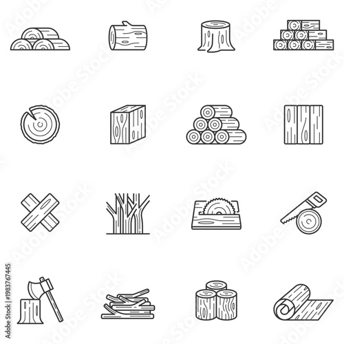 Hand drawn wood and lumber icons a collection of rustic timber and forestry related line art illustrations