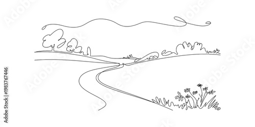 A minimalist single line drawing of a peaceful countryside path winding through grassy fields Vector, illustration