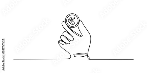 A single continuous line drawing of a hand holding a euro coin representing financial prosperity Vector, illustration