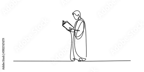Minimalist continuous line drawing of a person standing and reading a book on a white background Vector, illustration