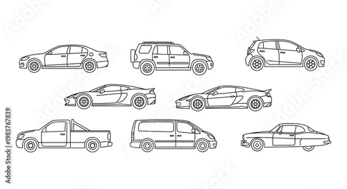 Variety of vehicle outlines displayed in a linear arrangement silhouette