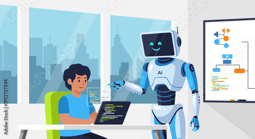 Robot Assistant Helping Person with Coding on Laptop in Modern Office