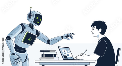 Robot Assistant Helping Student with Laptop and Books