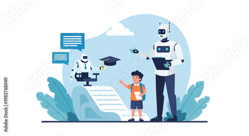 Robot teacher guiding student, future education, artificial intelligence concept