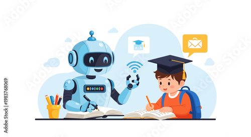 Robot teacher helping student with homework, futuristic education concept