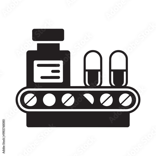 Pharmaceutical production line showing pills and bottle in black and white