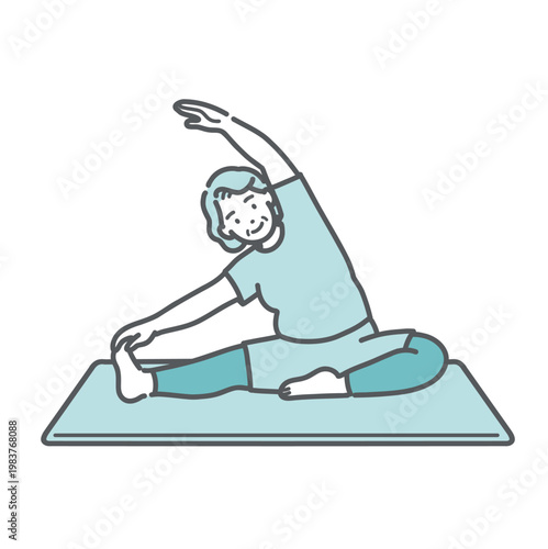 ヨガマットの上で笑顔で体側ストレッチをしているぽっちゃり体型のシニア女性のイラスト