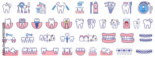 Vector set of flat line dental icons dentist clinic symbols tooth treatment caries drilling implant braces orthodontics whitening hygiene medical care collection