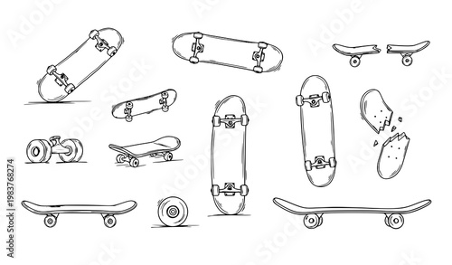 Minimal skateboard doodle icon collection hand drawn skateboarding gear and street sport board elements vector set