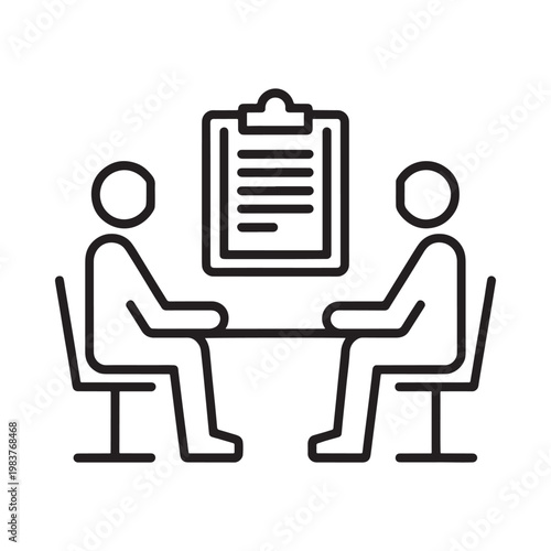 Line art depiction of two people at a table with a clipboard