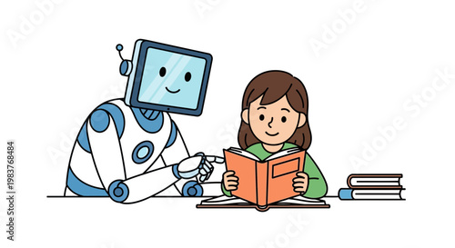 Robot teaching girl reading book, education, technology, learning, future concept