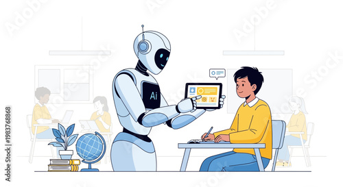 Robot tutor teaching student with tablet in classroom, AI education concept
