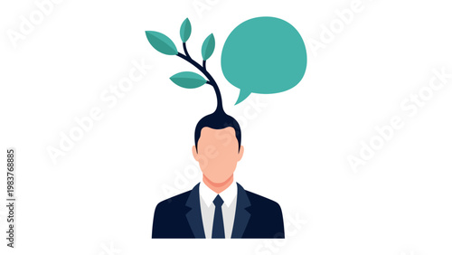 Visionary Dialogue: A stylized illustration of a person with a sprout growing from their head and a thought bubble, symbolizing fresh ideas and intellectual growth. 