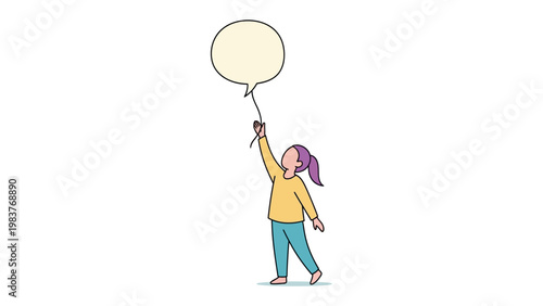 Imagination's Ascent: A young girl gazes up at a floating balloon, its empty speech bubble mirroring the boundless potential of dreams, and the simple beauty of imagination.