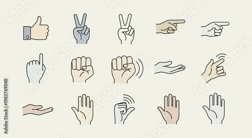 Set of Hand Gestures Icons: Thumbs Up, Peace Sign, Pointing, Fist, Open Palm
