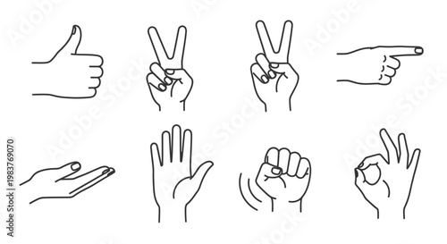 Set of Hand Gestures Icons: Thumbs Up, Peace Sign, Pointing, Open Palm, Fist