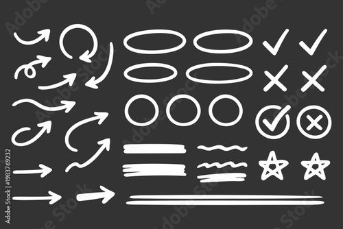 Foto Collection of white hand-drawn icons, symbols, and elements, ideal for design an