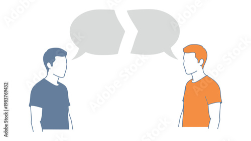 Dialogue Disconnect: An illustration depicting a communication breakdown between two individuals, symbolized by the split speech bubbles. 