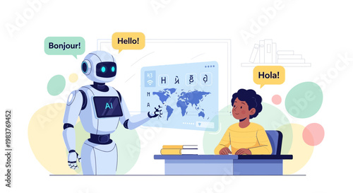 AI Robot Teaches Child Languages Online, Global Education Concept