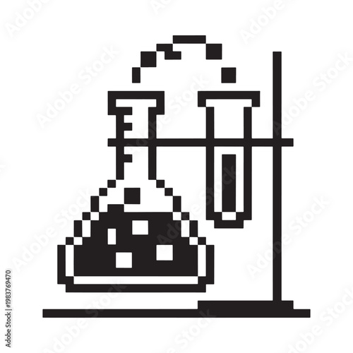 A pixelated illustration depicting laboratory glassware and a chemical reaction