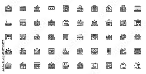 Town and city icon set. Vector illustration of places and buildings including theater, university, hotel, airport, hospital, mall, restaurant, park and more. Editable stroke.