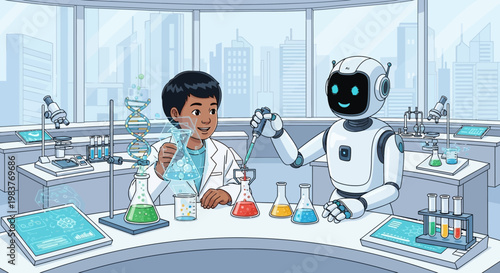 Boy and Robot in Science Lab, DNA, Experiments, Innovation, Future Technology