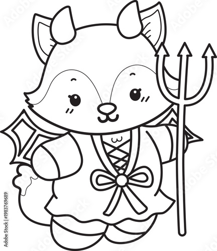 Coloring pages of Cute set of Fox sticker with activity. Outline of Fox with halloween theme