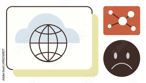 Digital connectivity, global data sharing, communication networks, cloud computing, social issues, technology challenges. A globe in the cloud, a network and a sad face icon. Digital connectivity