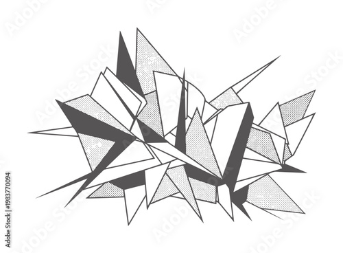 Abstract geometric black and white shattered crystal composition with sharp angular shapes