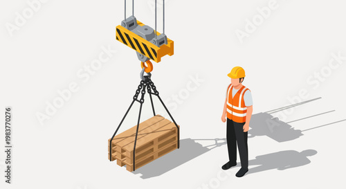 Isometric view of a construction worker observing a crane lifting a wooden crate.