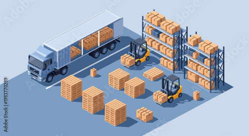 Isometric view of a busy warehouse with trucks and forklifts.