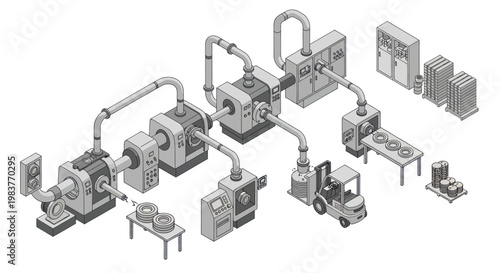 Isometric view of a complex industrial manufacturing process with machinery and conveyor belts.
