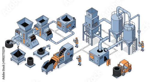 Isometric view of a comprehensive industrial recycling plant with workers.