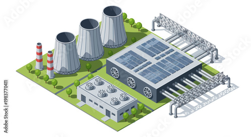 Isometric view of a modern industrial power plant complex.