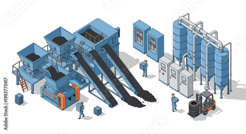Isometric view of a modern industrial recycling plant with machinery and workers.