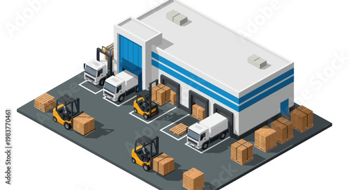 Isometric view of a modern warehouse with trucks and forklifts loading goods.