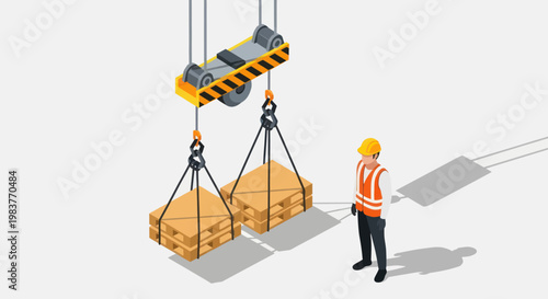 Isometric view of a worker overseeing crane operations lifting wooden crates.
