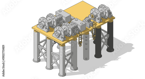 Isometric view of industrial machinery on a raised platform.
