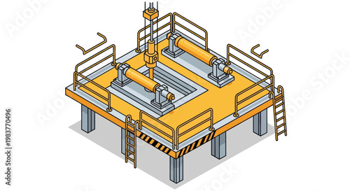 Isometric view of an industrial oil rig platform with machinery.
