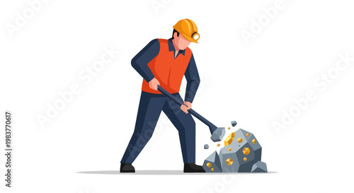 Miner working with pickaxe on a pile of rocks, searching for precious minerals.